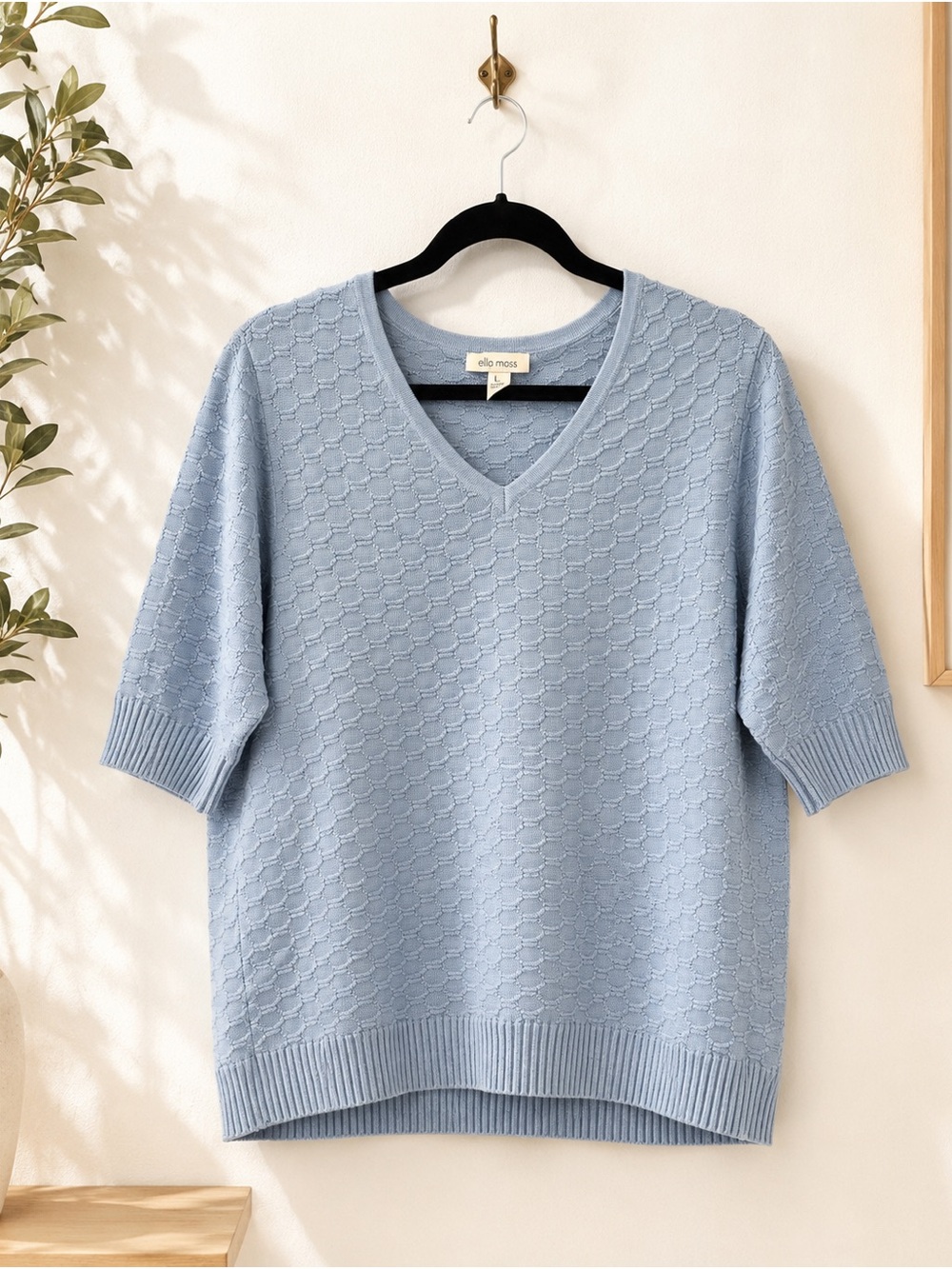 Ella Moss Light Blue Textured V-Neck Sweater L
